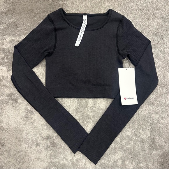 lululemon athletica Tops - NWT Lululemon Athletic Cropped Long Sleeve Ribbed Top Ebb to Street Grey Black 2